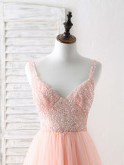 Bridesmaid Dress Blushes, Unique Tulle Beads Long Prom Dress, Tulle Evening Dress