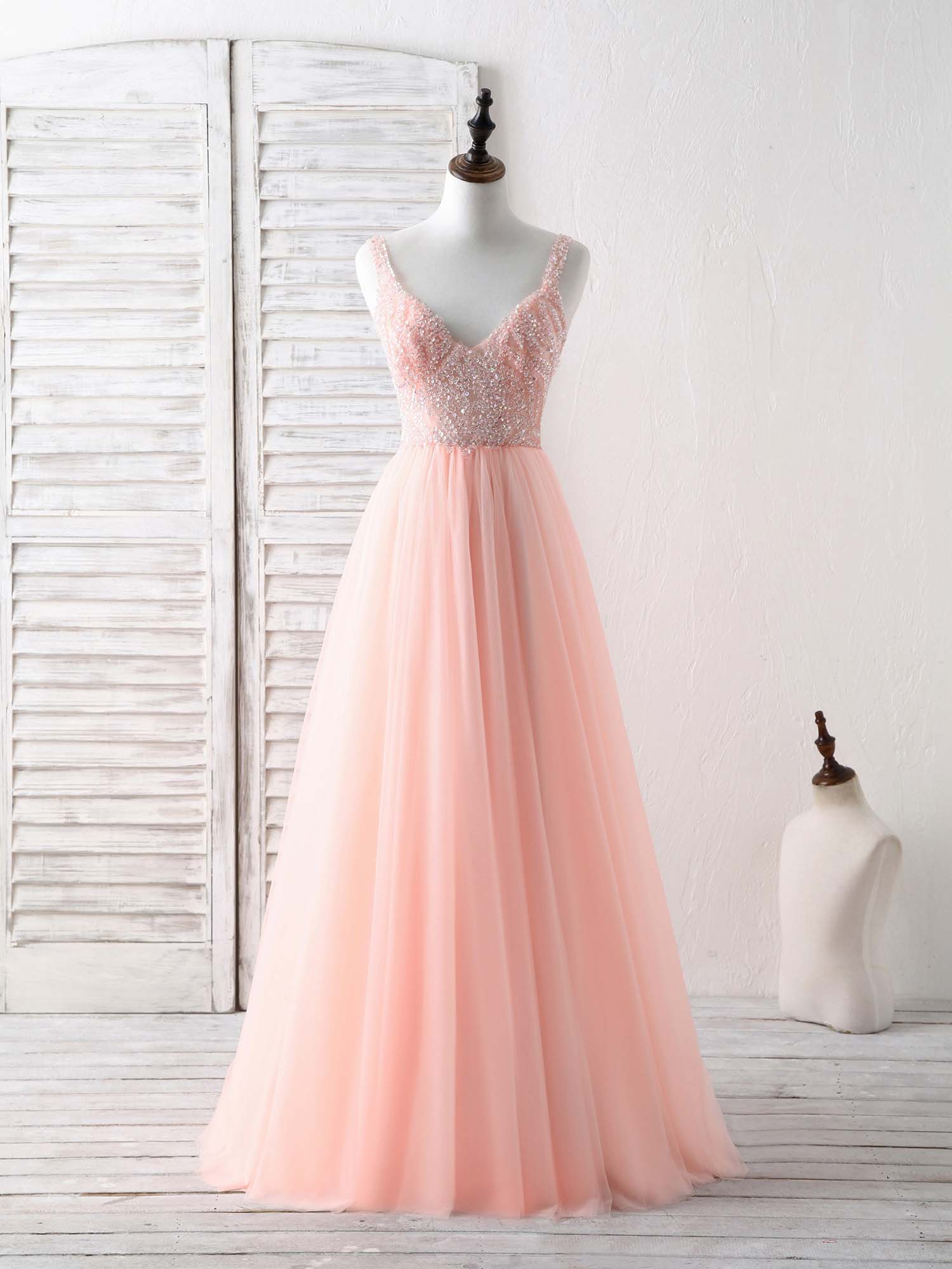 Bridesmaids Dresses Winter, Unique Tulle Beads Long Prom Dress, Tulle Evening Dress