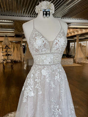 Wedding Dresses Satin, Unique v neck tulle lace long prom dress, lace wedding dress
