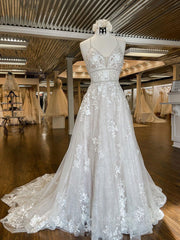 Wedding Dress Satin, Unique v neck tulle lace long prom dress, lace wedding dress