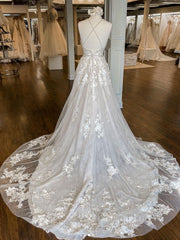 Wedding Dresses Princess, Unique v neck tulle lace long prom dress, lace wedding dress