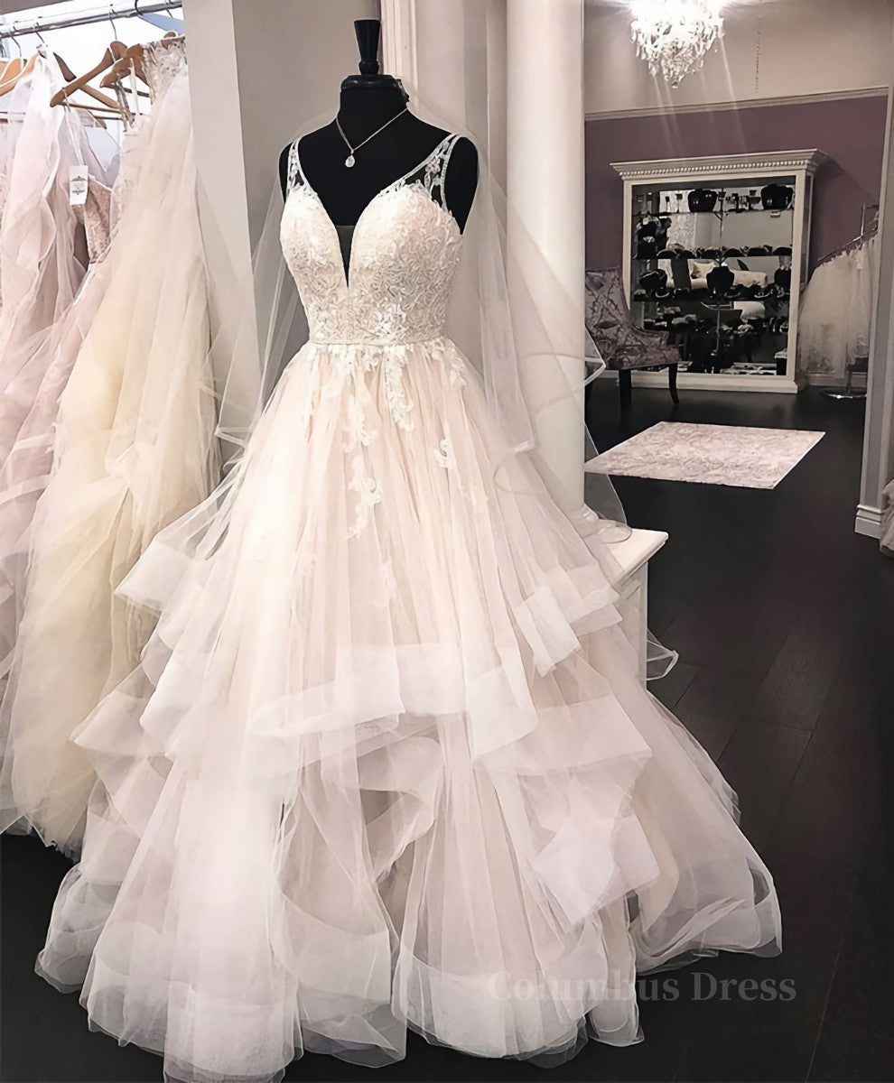 Wedding Dress Sleeves, Unique v neck tulle lace long prom dress, tulle lace wedding dress