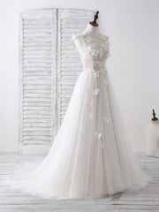 Bridesmaid Dress Affordable, Unique White Round Neck Tulle 3D Lace Applique Long Prom Dresses