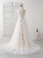 Bridesmaids Dress Affordable, Unique White Round Neck Tulle 3D Lace Applique Long Prom Dresses