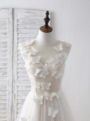 Bridesmaids Dresses Cheap, Unique White Round Neck Tulle 3D Lace Applique Long Prom Dresses