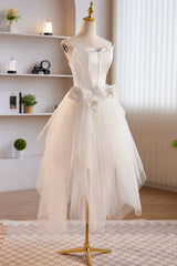 Prom Dress Yellow, Unique White Strapless Irregular Tulle Short Prom Dress, White Party Dress