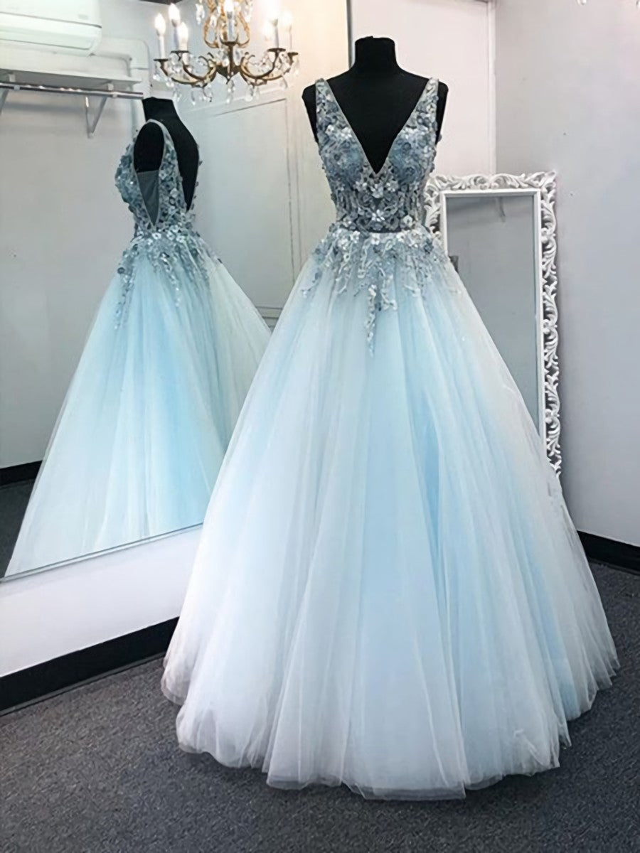 Formal Dresses Pink, V Neck 3D Floral Blue Lace Beaded Long Prom Dresses, Blue Lace Floral Formal Evening Dresses