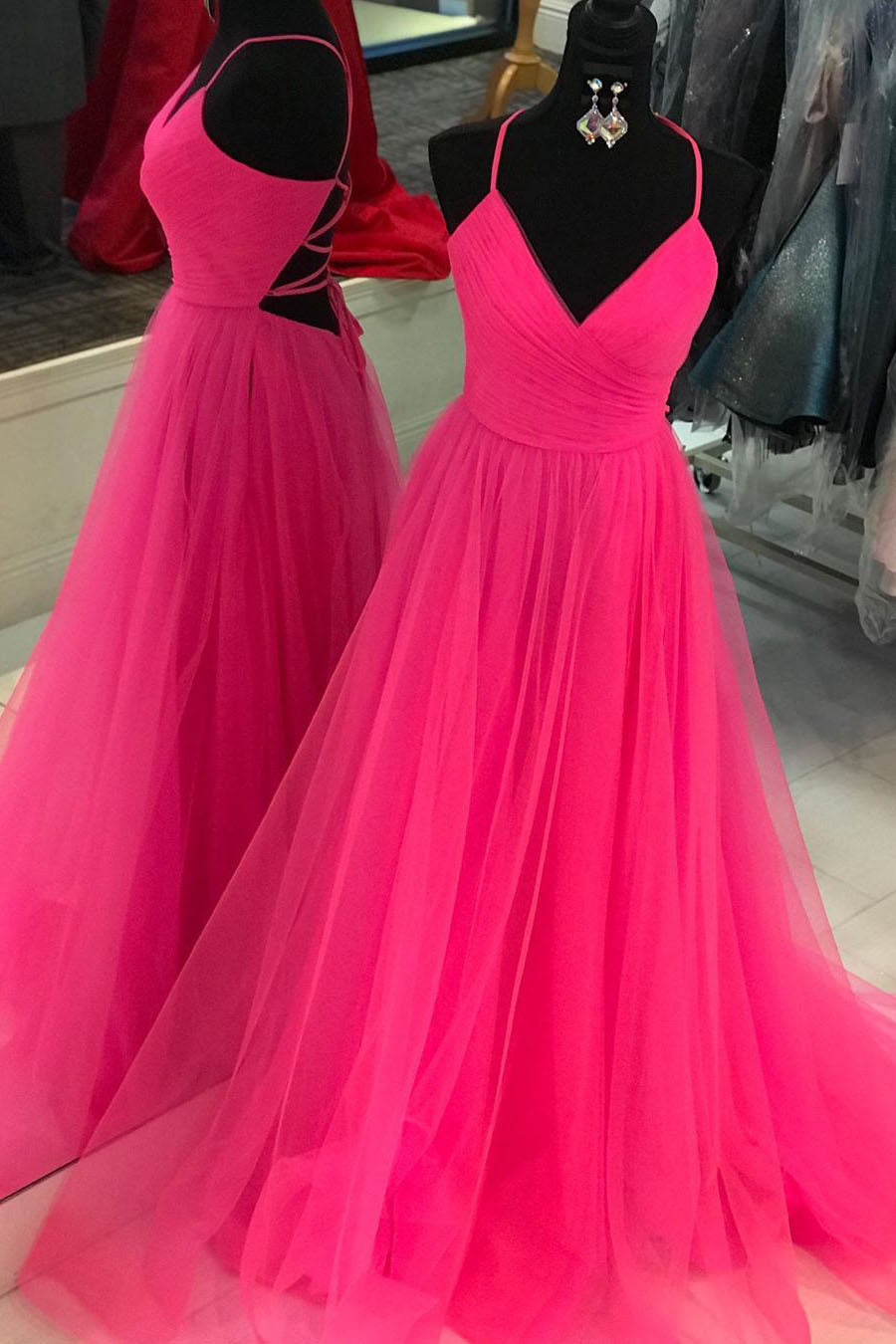 Party Dress Shop, V Neck A-line Hot Pink Long Tulle Prom Graduation Dress with Lace-up Back