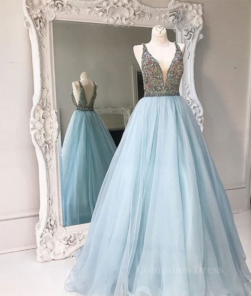 Bridesmaid Dresses Color Schemes, V Neck And V Back Sequin Tulle Long Blue Prom Dresses, Blue Evening Dresses