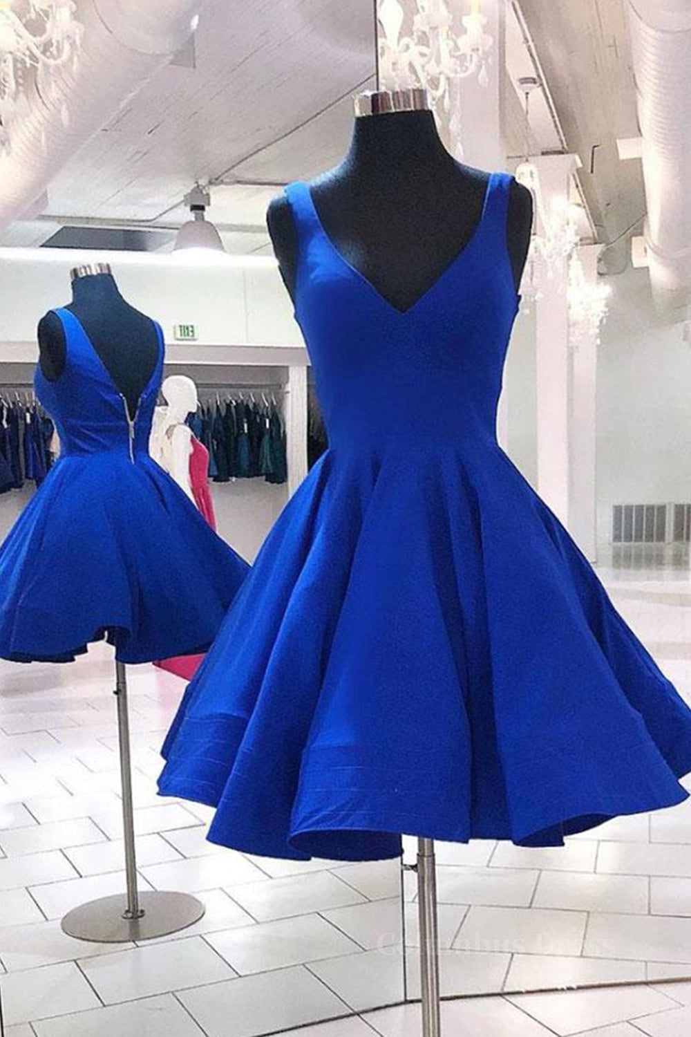 Evening Dress Black, V Neck and V Back Short Blue Prom Dress, Open Back Blue Homecoming Dress, Blue Formal Evening Dress