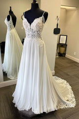 Wedding Dresses Under 500, V Neck and V Back White Lace Long Prom Dress, White Lace Wedding Dress, Long White Formal Evening Dress