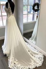 Wedding Dress Unique, V Neck and V Back White Lace Long Prom Dress, White Lace Wedding Dress, Long White Formal Evening Dress