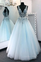 Evening Dresses, V Neck Appliques Blue Lace Long Prom Dress, Floral Blue Lace Formal Dress, Lace Blue Evening Dress, Ball Gown