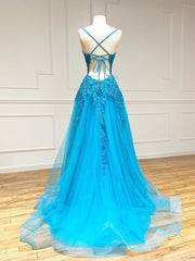 Gala Dress, V Neck Backless Blue Lace Long Prom Dresses, Open Back Blue Lace Long Formal Evening Dresses