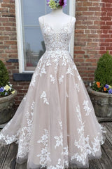 Bridesmaids Dresses Fall, V Neck Backless Champagne Lace Appliques Long Prom Dress, Champagne Lace Formal Evening Dress