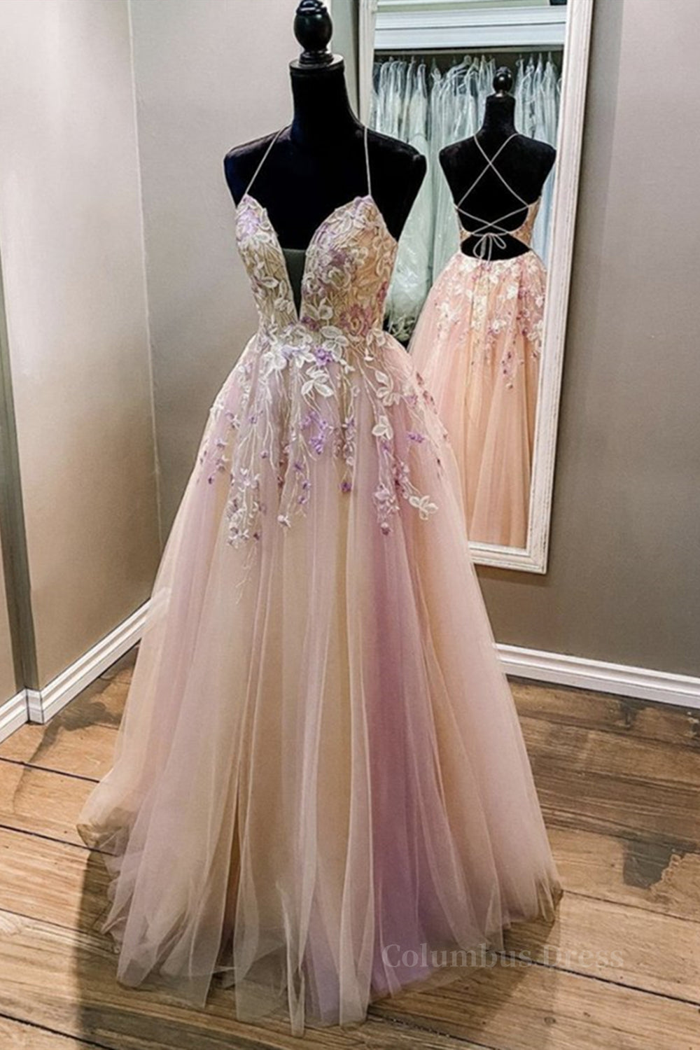 Evening Dress Stores, V Neck Backless Pink Lace Floral Long Prom Dress, Pink Lace Formal Dress, Pink Evening Dress