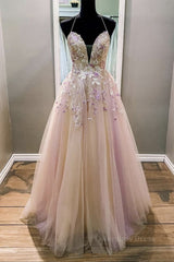 Evening Dresses Stores, V Neck Backless Pink Lace Floral Long Prom Dress, Pink Lace Formal Dress, Pink Evening Dress