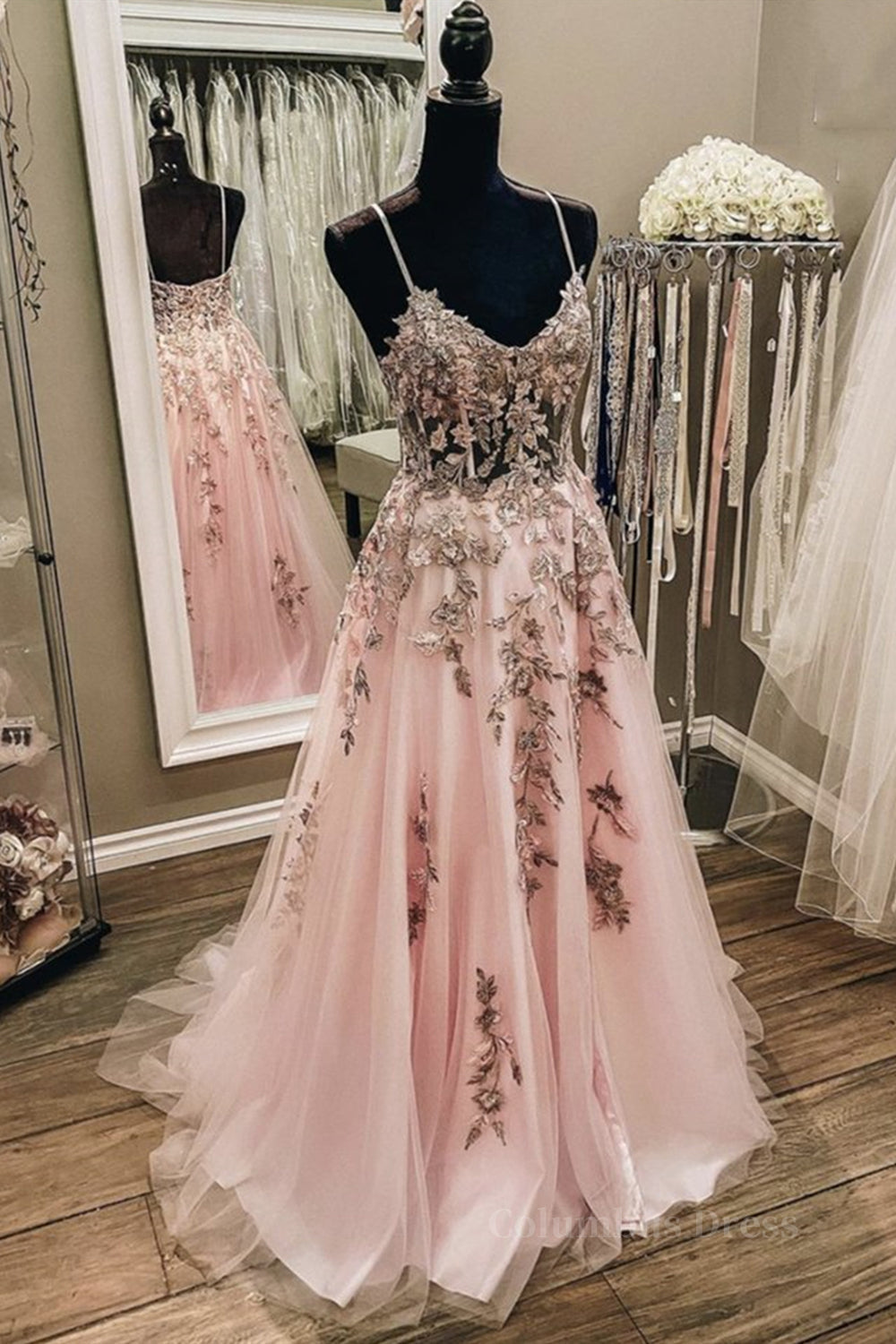 Evening Dress Shops, V Neck Backless Pink Lace Long Prom Dress, Long Pink Lace Formal Evening Dress