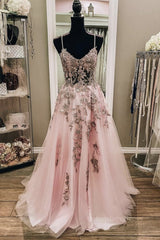 Evening Dress Near Me, V Neck Backless Pink Lace Long Prom Dress, Long Pink Lace Formal Evening Dress