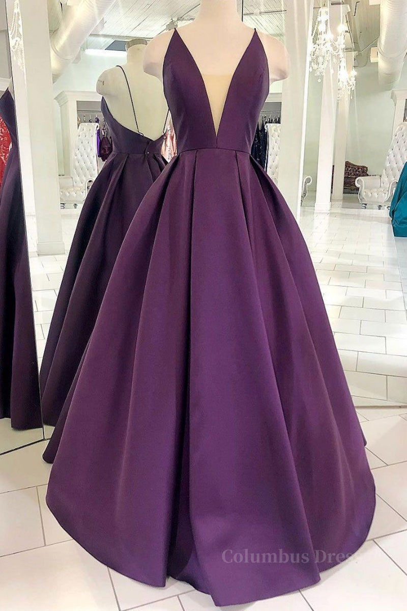 Homecomming Dress Long, V Neck Backless Purple Satin Long Prom Dress, Backless Purple Formal Dress, Purple Evening Dress