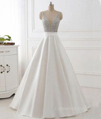 Bridesmaid Dress Inspiration, V Neck Backless White Prom Dress With Beads, V Neck Formal Dress, White Evening Dress