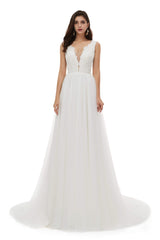 Wedding Dress Long, V-Neck Beaded Lace Beaded Applique Tulle Wedding Dresses
