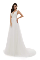 Wedding Dresses Under 509, V-Neck Beaded Lace Beaded Applique Tulle Wedding Dresses