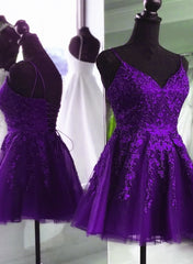 Bridesmaid Dress With Sleeves, V Neck Beaded Purple Lace Prom Dress, Purple Lace Homecoming Dress Short Party Dress