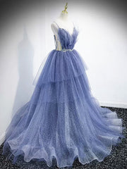 Wedding Decor, V Neck Blue Beaded Layered Long Prom Dresses, Blue High Low Formal Graduation Dresses