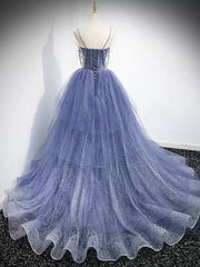 Bridesmaid Dresses Purple, V Neck Blue Beaded Layered Long Prom Dresses, Blue High Low Formal Graduation Dresses