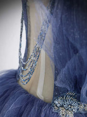 Long Sleeve Wedding Dress, V Neck Blue Beaded Layered Long Prom Dresses, Blue High Low Formal Graduation Dresses