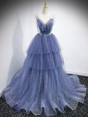 Bridesmaid Dresses Earth Tones, V Neck Blue Beaded Layered Long Prom Dresses, Blue High Low Formal Graduation Dresses