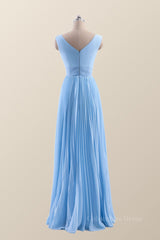 Party Dress Fancy, V Neck Blue Chiffon A-line Long Bridesmaid Dress