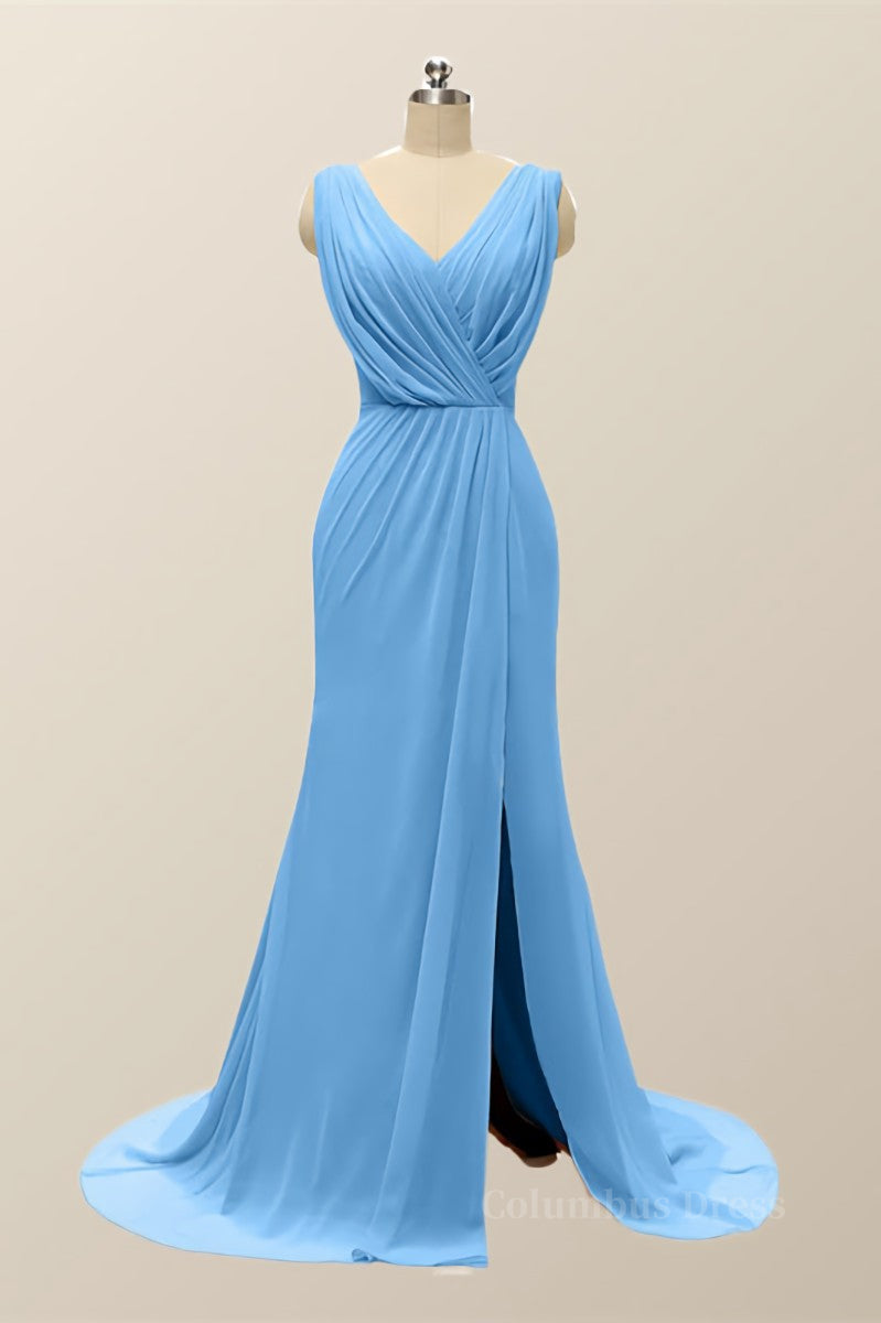 Princess Prom Dress, V Neck Blue Pleated Chiffon Long Bridesmaid Dress