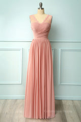 Bridesmaid Dresses Designer, V Neck Blush Pink Chiffon Fulle Length Bridesmaid Dress