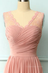 Bridesmaid Dress Designer, V Neck Blush Pink Chiffon Fulle Length Bridesmaid Dress