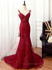 Party Dress Inspiration, V Neck Burgundy Mermaid Lace Prom Dresses, Wine Red Mermaid Lace Formal Bridesmaid Dresses