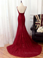 Party Dress Trends, V Neck Burgundy Mermaid Lace Prom Dresses, Wine Red Mermaid Lace Formal Bridesmaid Dresses