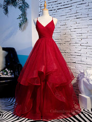 Floral Bridesmaid Dress, V Neck Burgundy Prom Dresses, Wine Red V Neck Formal Evening Dresses