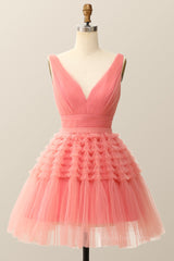 Tights Dress Outfit, V Neck Coral Ruffle A-line Short Homecoming Dress