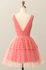 Prom 2029, V Neck Coral Ruffle A-line Short Homecoming Dress