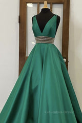 Evening Dresses Elegant, V Neck Emerald Green Satin Long Prom Dress, Emerald Green Formal Graduation Evening Dress