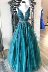 Evening Dresses For Sale, V Neck Green Lace Long Prom Dress with Beaded Belt, Long Green Lace Formal Evening Dress