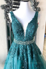 Evening Dress Store, V Neck Green Lace Long Prom Dress with Beaded Belt, Long Green Lace Formal Evening Dress