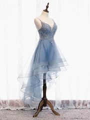 Party Dress Shiny, V Neck High Low Blue Lace Prom Dresses, Blue Lace High Low Formal Evening Graduation Dresses