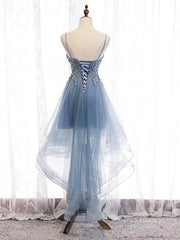 Party Dresses For Girls, V Neck High Low Blue Lace Prom Dresses, Blue Lace High Low Formal Evening Graduation Dresses