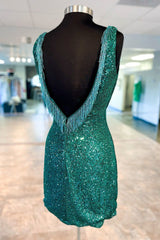Prom Dress Ideas, V-Neck Hunter Green Sequin Cutout Short Homecoming Dress