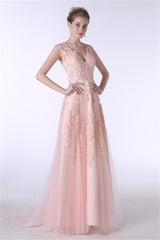 Party Dress Jeans, V-Neck Lace Applique Tulle A Line Peach Pink Prom Dresses