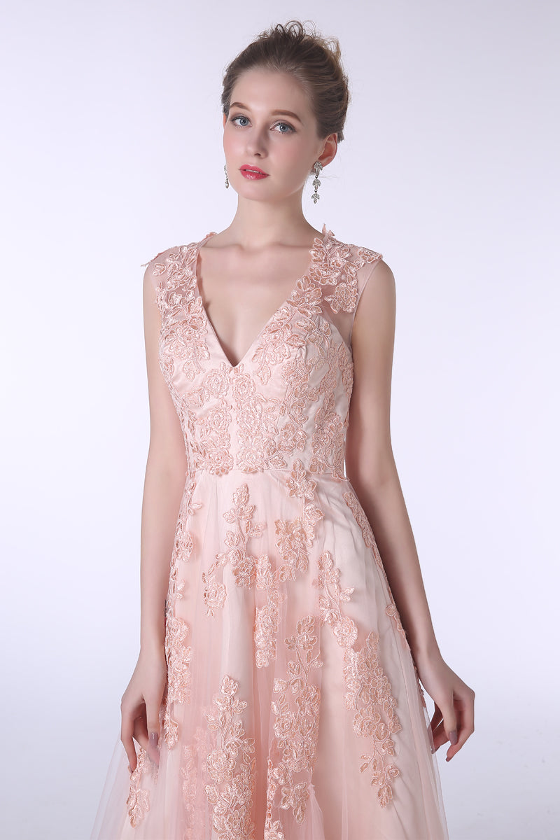 Party Dress Quotesparty Dresses Wedding, V-Neck Lace Applique Tulle A Line Peach Pink Prom Dresses