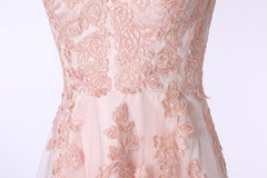 Party Dress For Baby, V-Neck Lace Applique Tulle A Line Peach Pink Prom Dresses